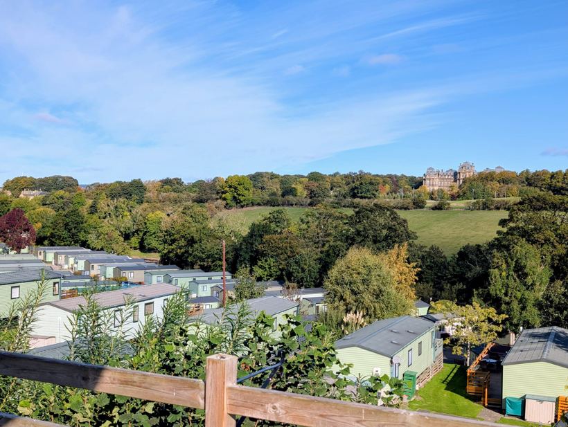 View over the park and green fields to The Bowes Museum